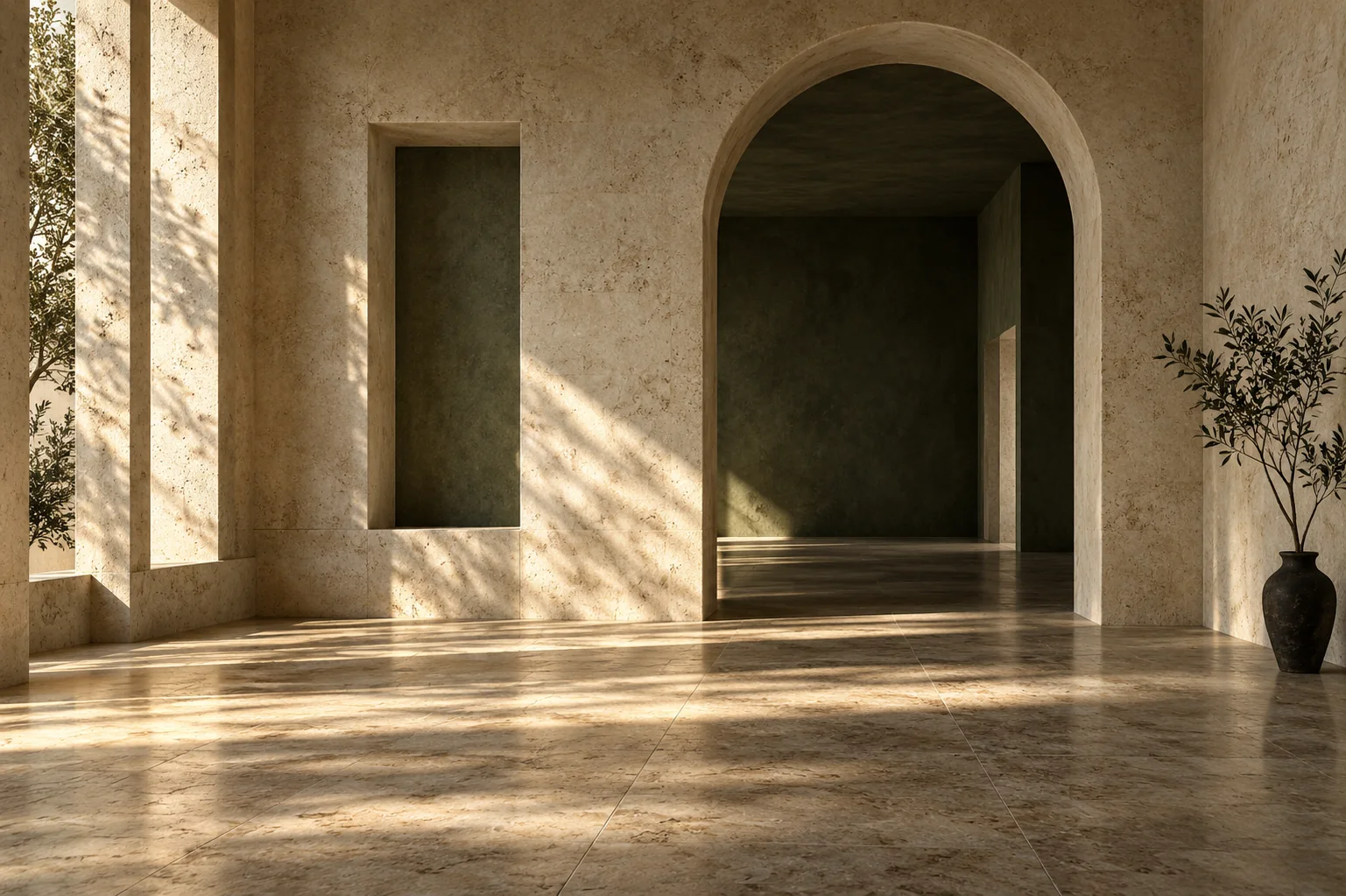 Sunlight crossing a quiet limestone interior with a sculptural archway.