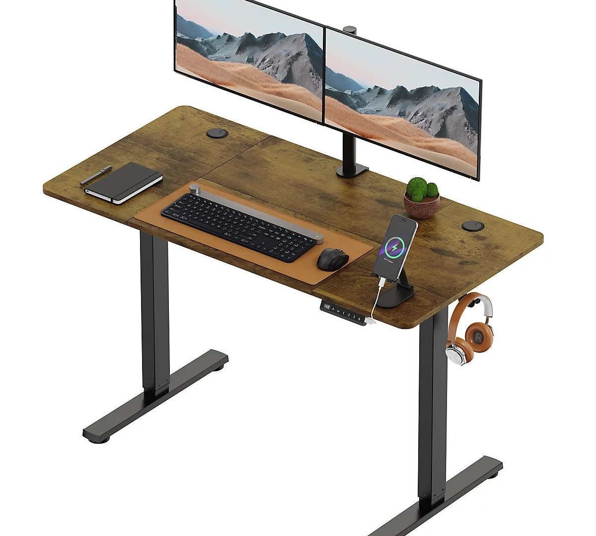 Height-adjustable home-office desk with a walnut-effect surface